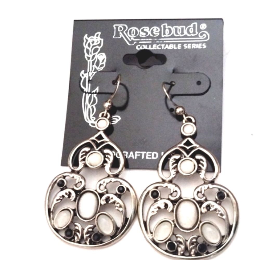 ROSEBUD COLLECTION SILVER CREAM CABOCHON STONE & CRYSTAL HOOK 2" EARRINGS-NWT